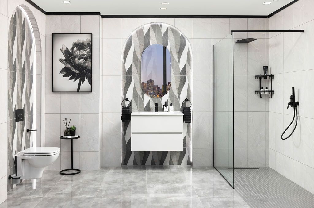 Modern white bathroom interior with geometric pattern tiles, mirror, and wall-mounted fixtures creates a sleek design.