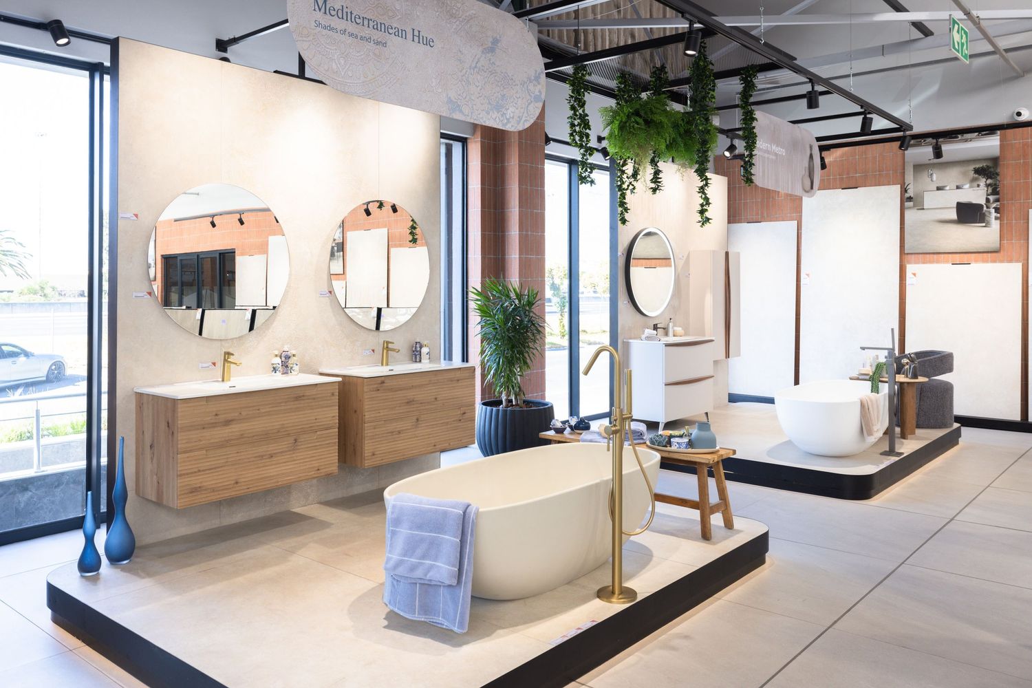 Spacious office interior with wooden paneling, modern furnishings, and plant accents under industrial lighting.