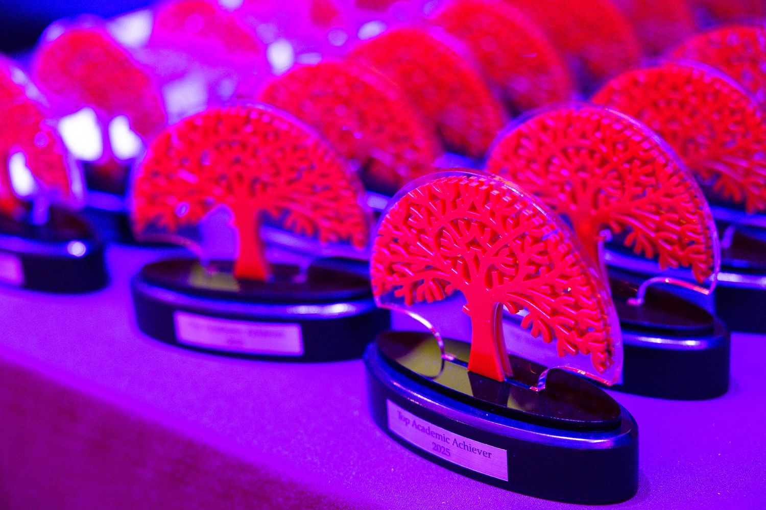 Red LED lights illuminate a row of headphones arranged in a repeating pattern on display.