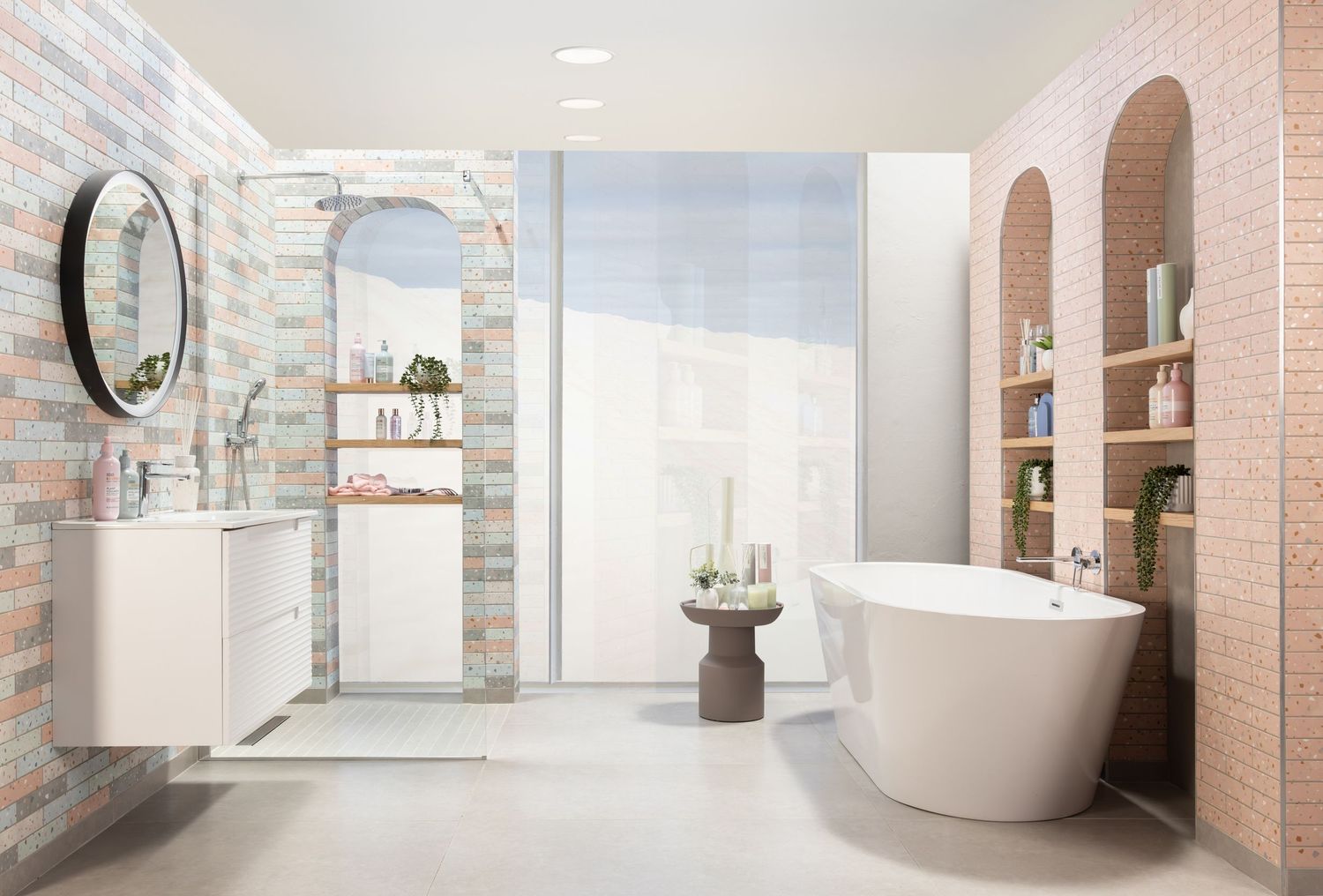 Modern bathroom interior with exposed brick walls, white fixtures, and minimalist design elements.