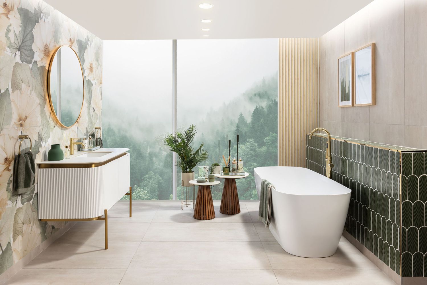 Elegant bathroom design with green tile accents, white fixtures, and nature-inspired wallpaper.