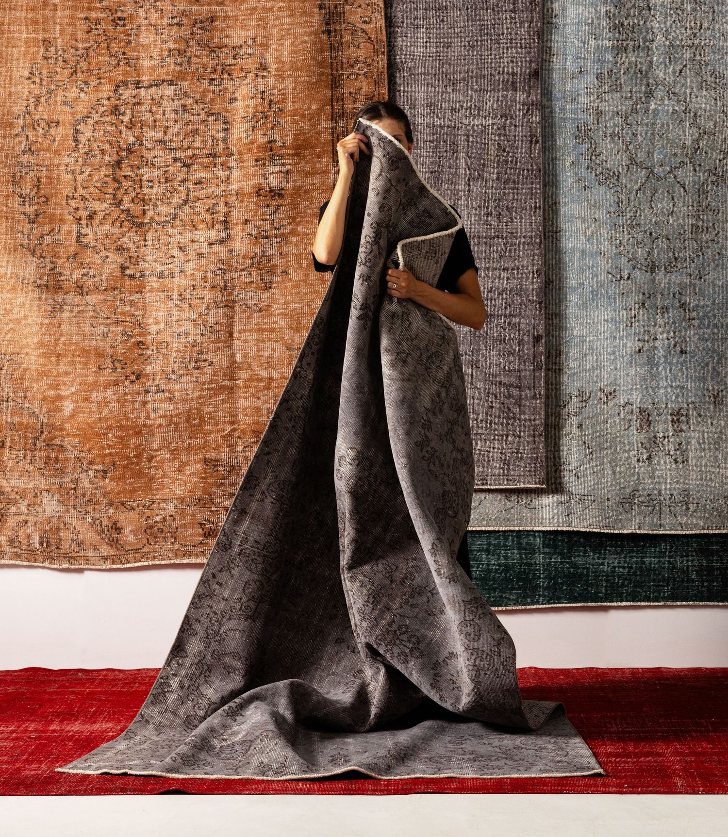 Abstract art series showing a gray fabric or textile draping in different positions against a textured red and gray wall.