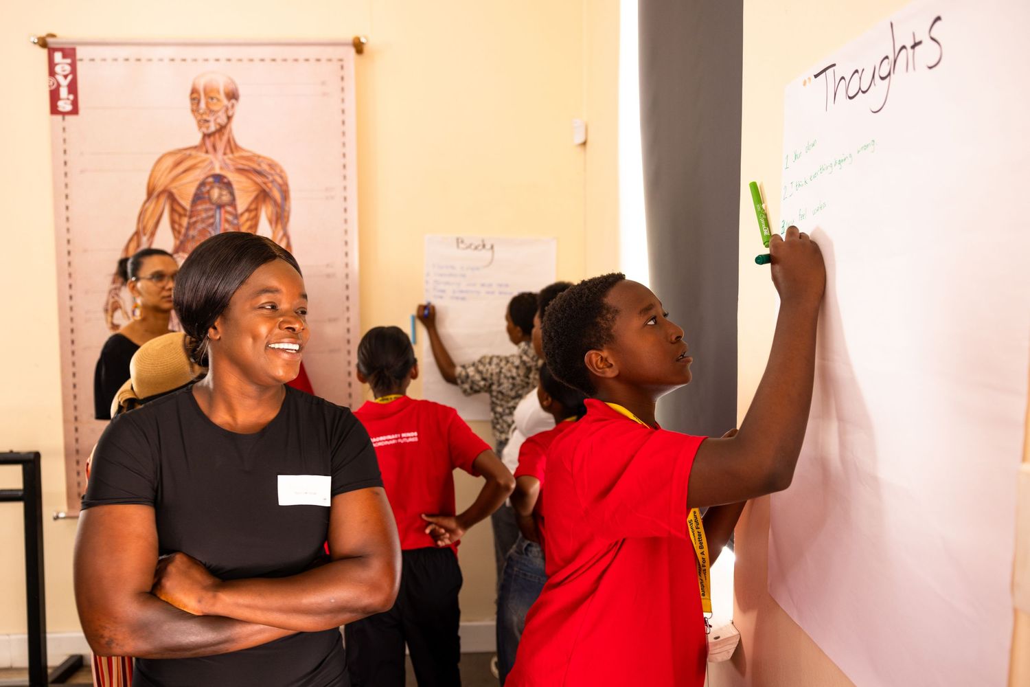 Workshop participants collaborate and share ideas in front of wall displays.