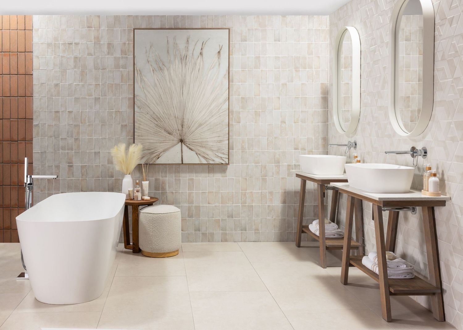 Industrial chic bathroom with textured brick walls, wooden accents, and freestanding white tub.