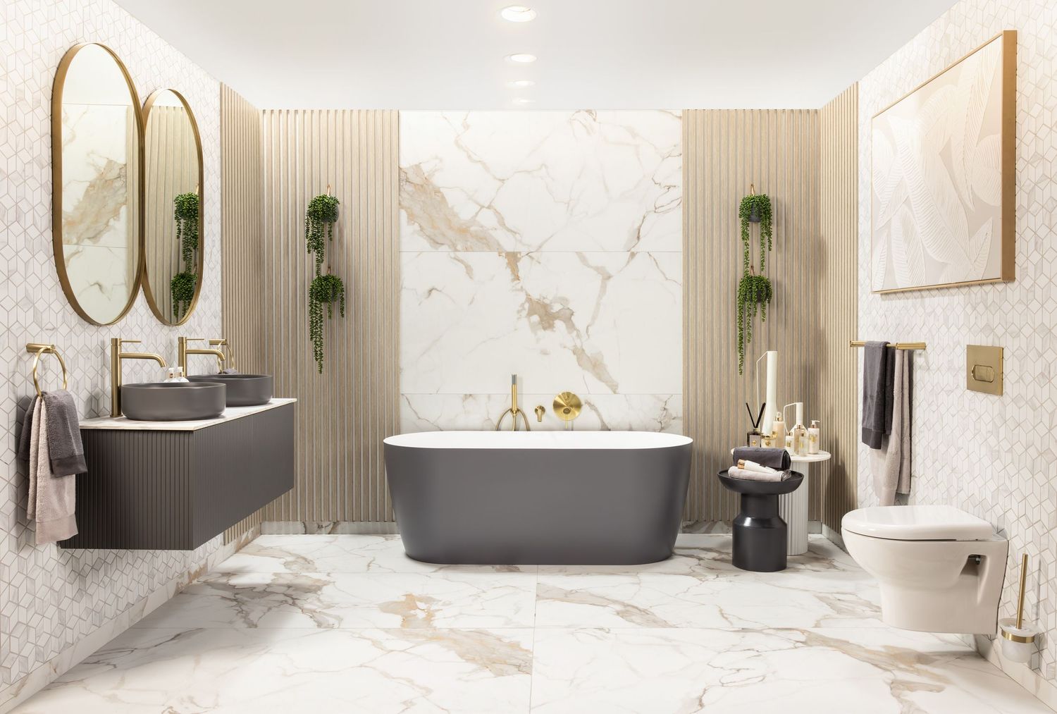 Luxury marble bathroom with wood accents and freestanding bathtub in elegant white and gold design.