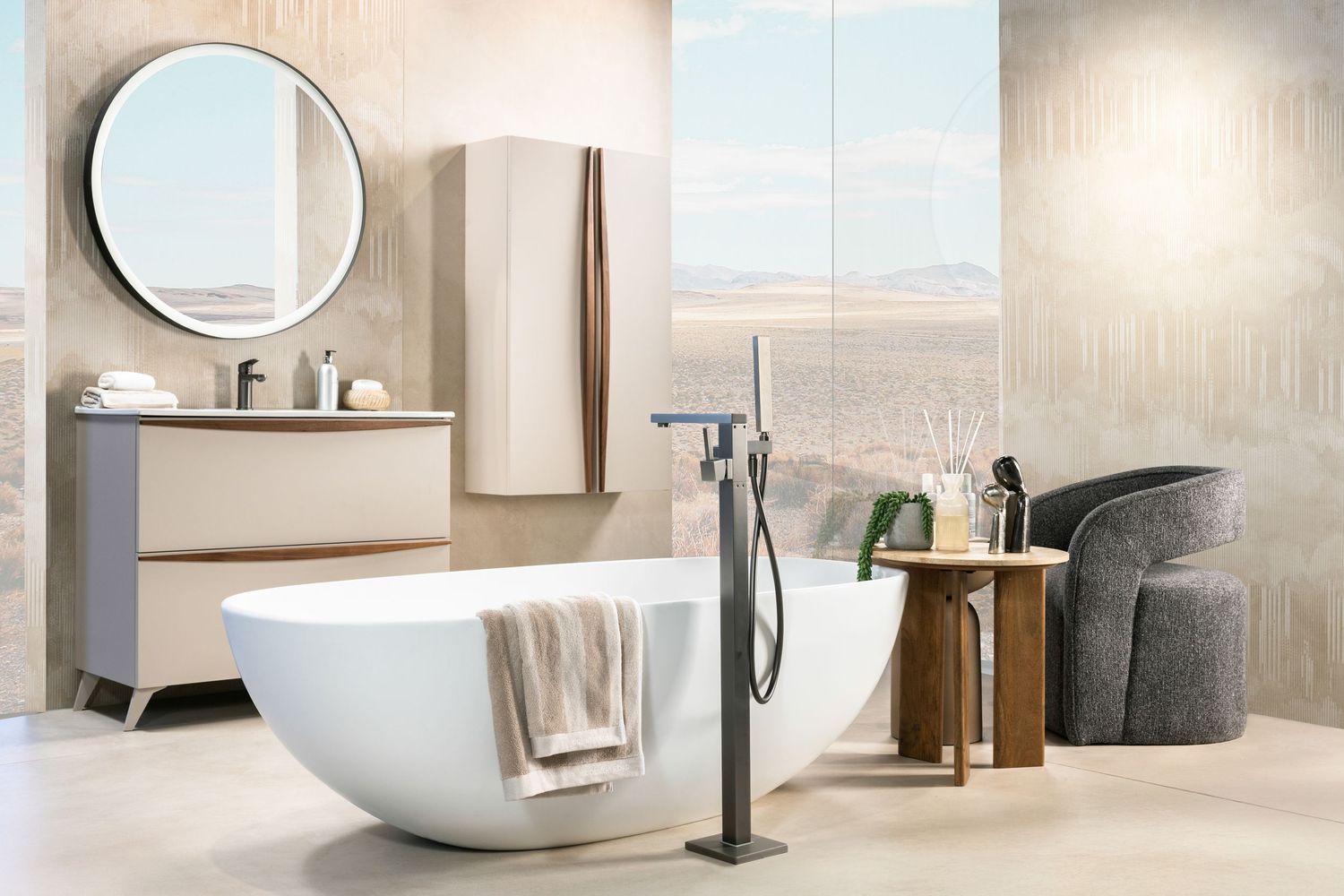 Modern bathroom interior design collection showcasing minimalist white fixtures and contemporary styling elements.