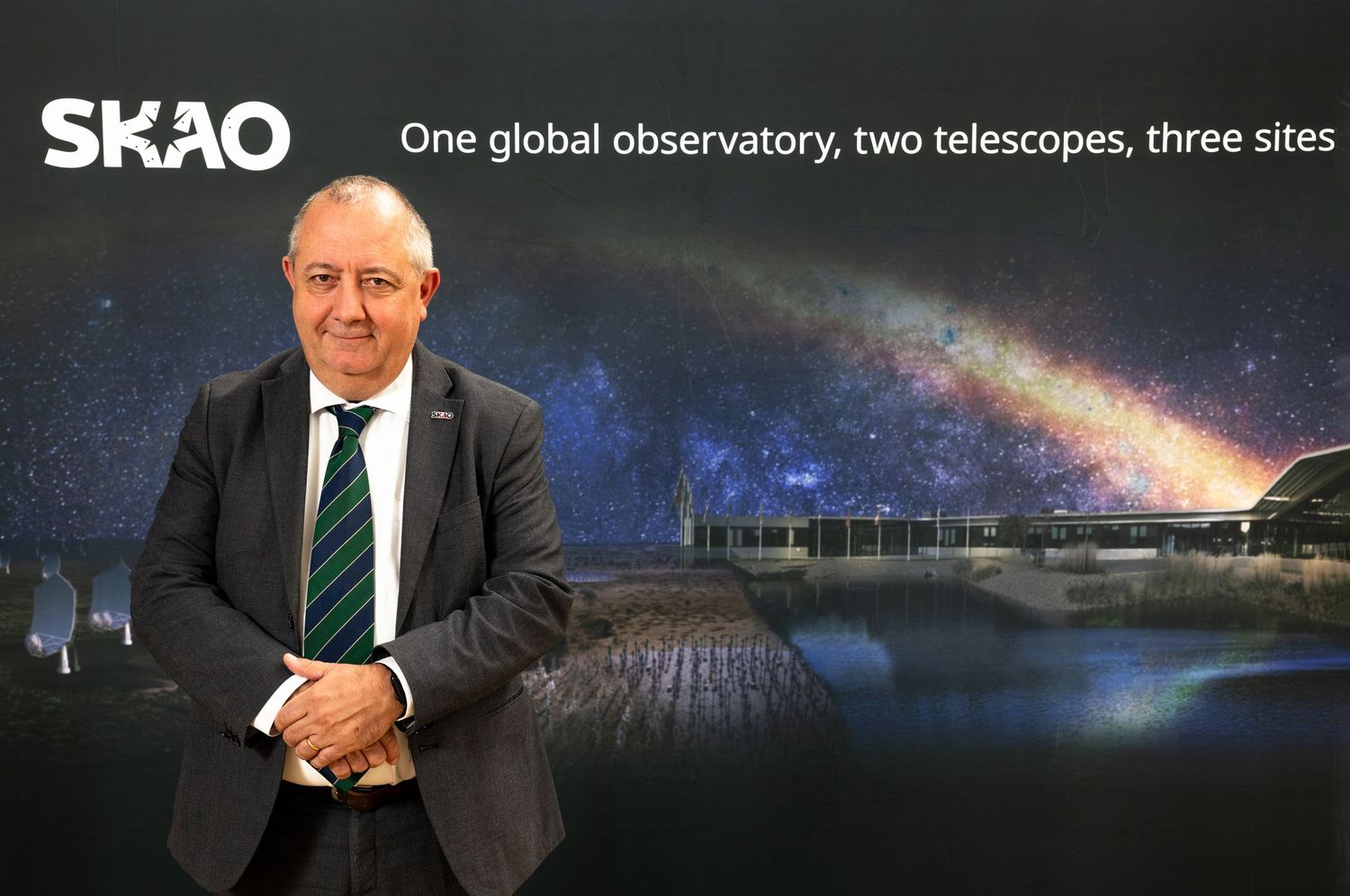 SKAO promotional image showing telescope facilities against night sky with Milky Way.