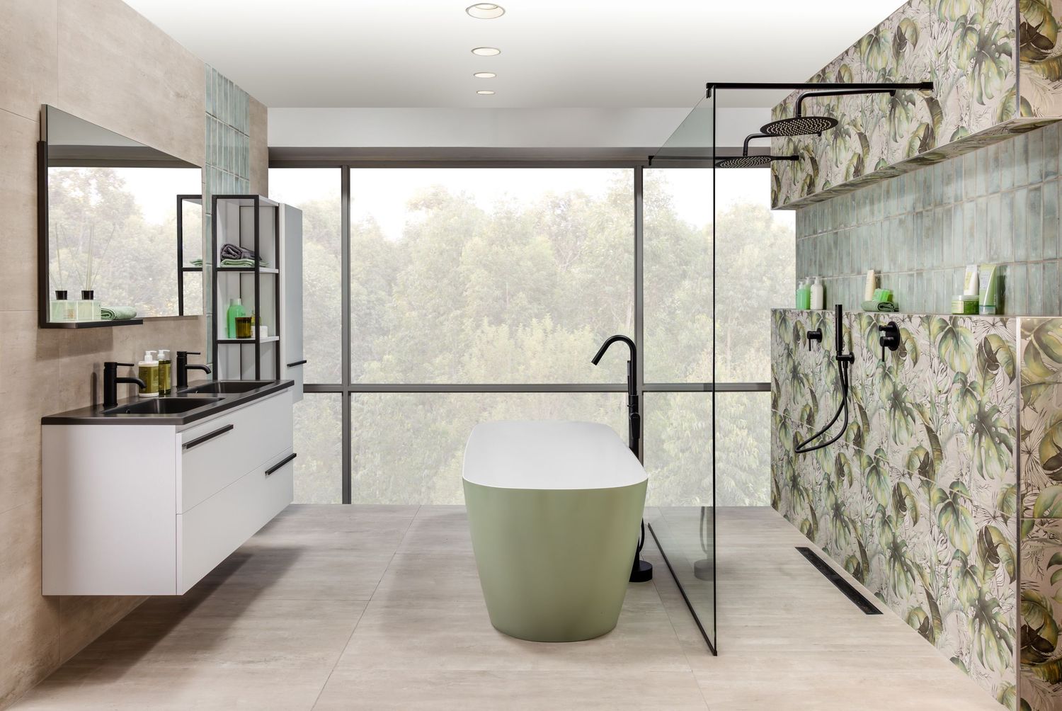 Minimalist bathroom with floral wallpaper, floating vanity, and contemporary white fixtures.
