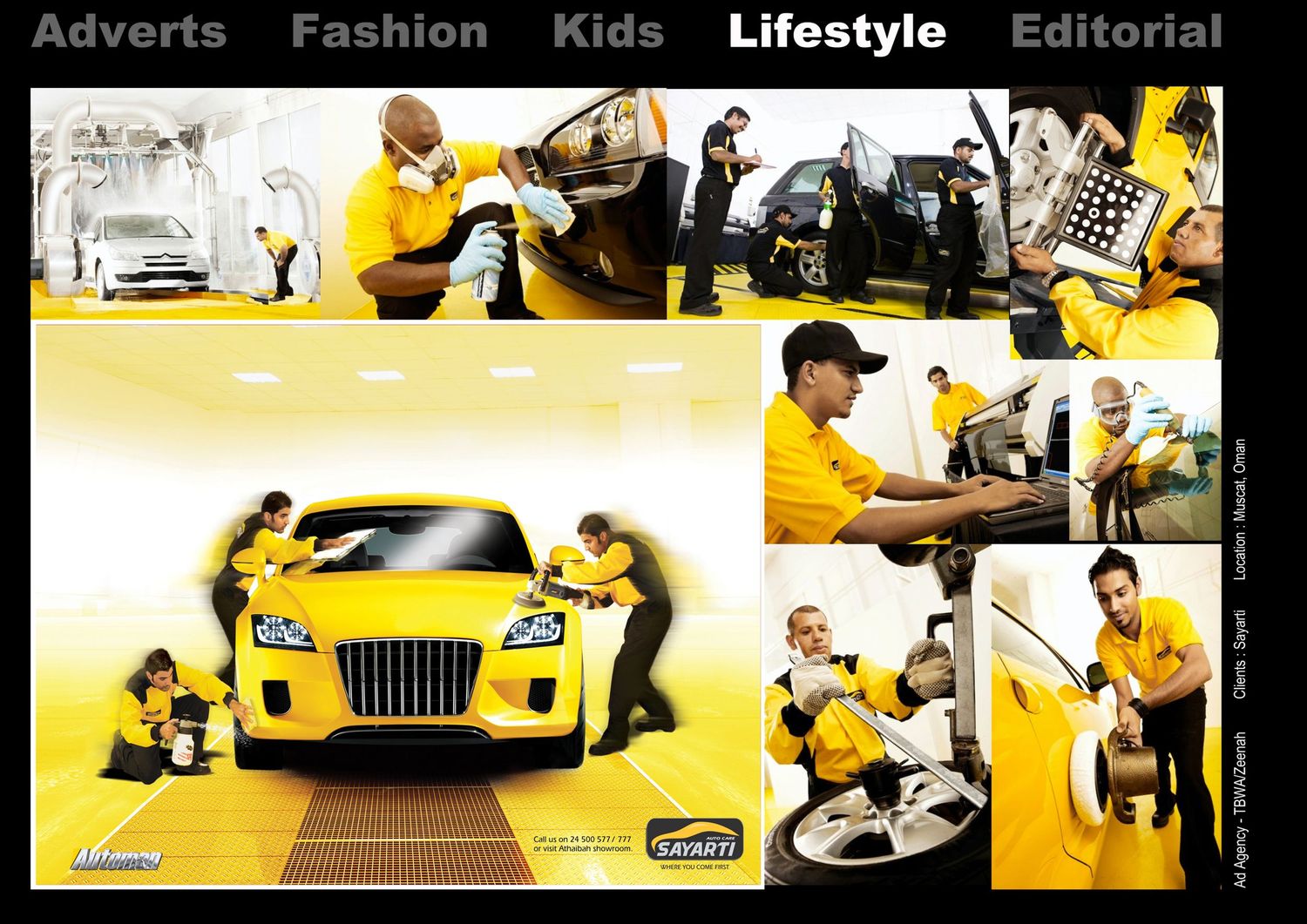 Photo collage showing people in yellow uniforms servicing and attending to a bright yellow luxury car across multiple scenes.
