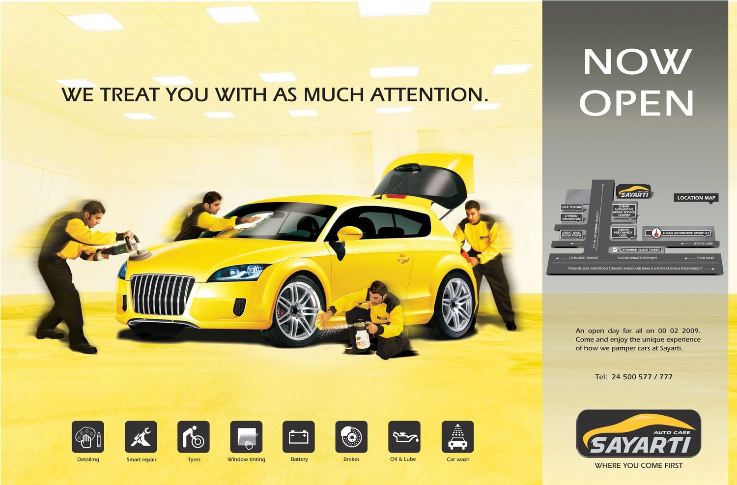 Yellow service advertisement banner showing car silhouettes and automotive service icons.