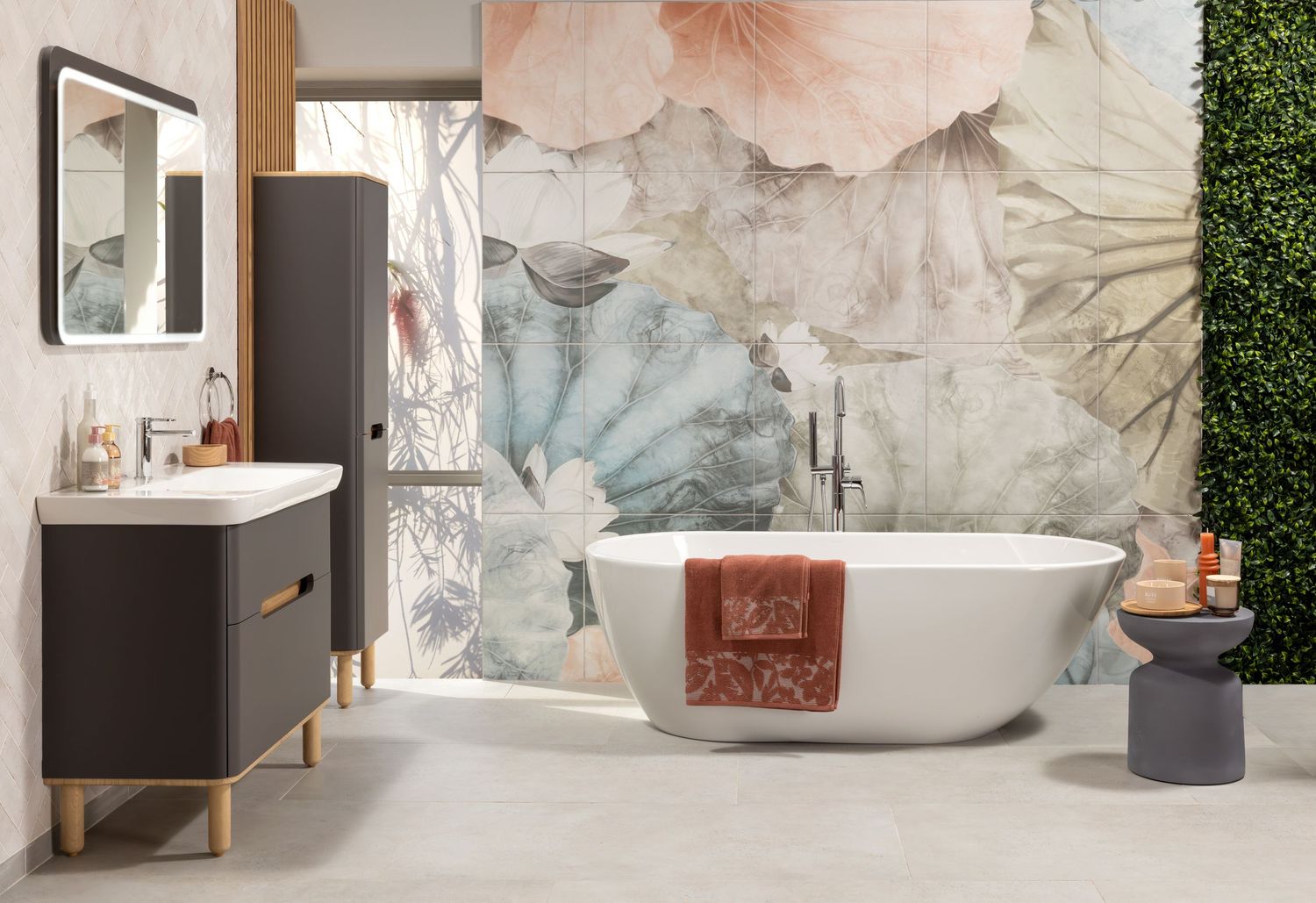 Serene bathroom space with soft floral wallpaper, white fixtures, and botanical design elements.