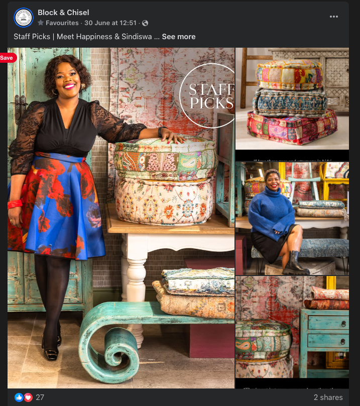 Vintage-style furniture display against distressed brick wall with turquoise accents.