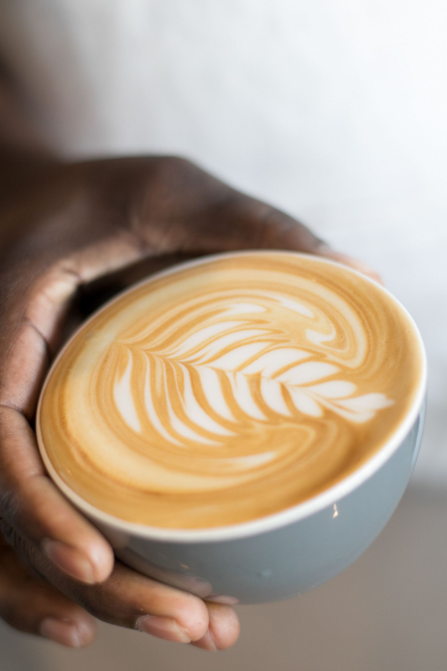 Hands holding a perfectly crafted latte with detailed leaf pattern art.