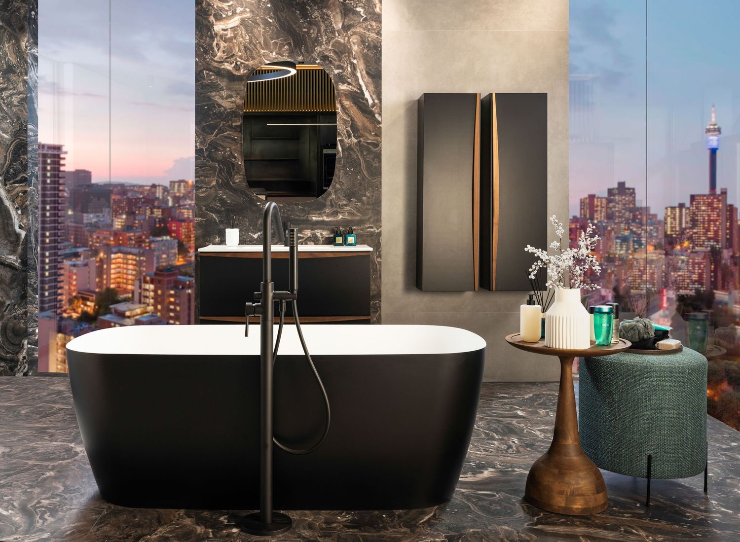 Modern luxury bathroom with black freestanding tub, city skyline view through window, and contemporary decor.