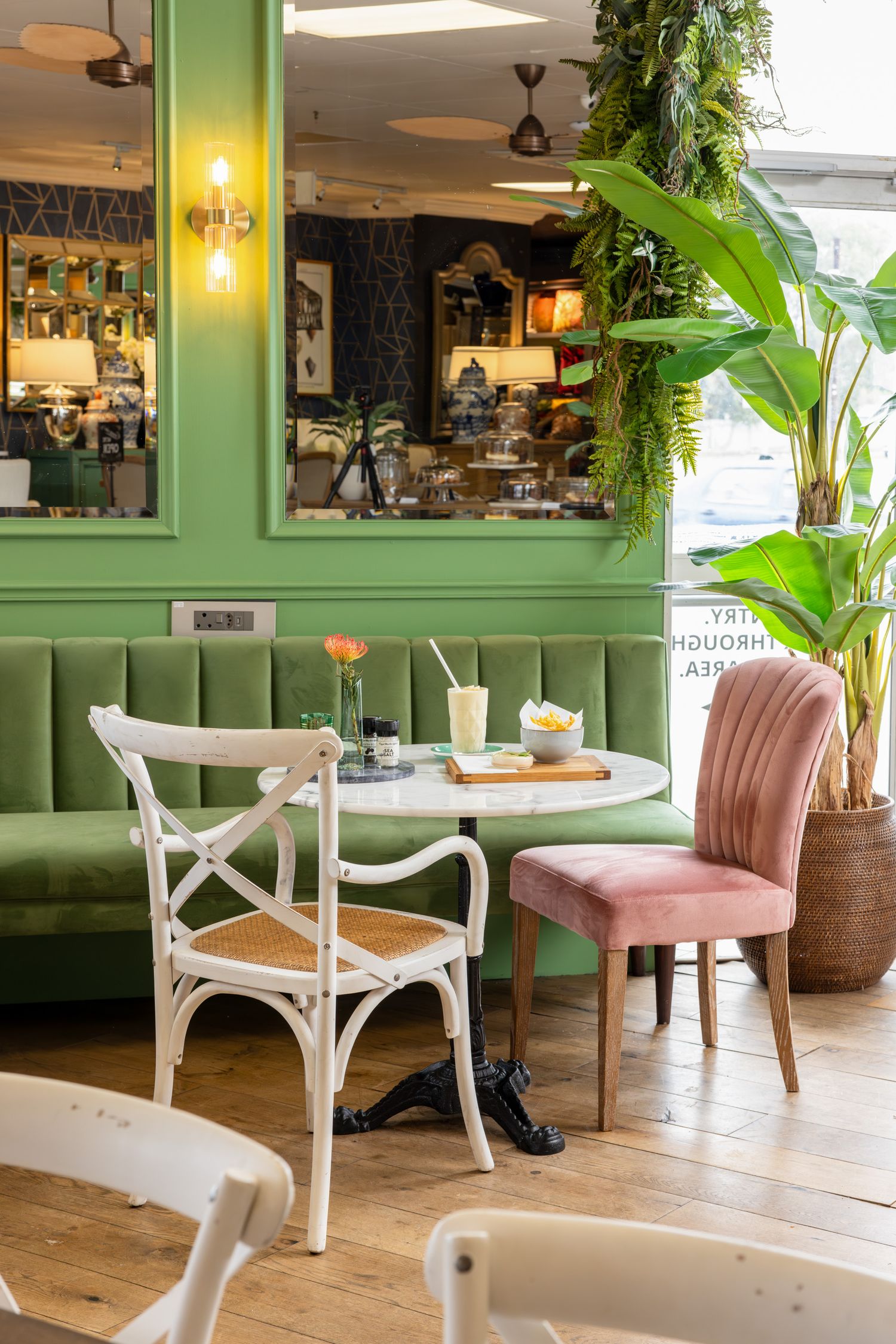 Modern cafe interior with green walls, white chairs, and natural lighting.