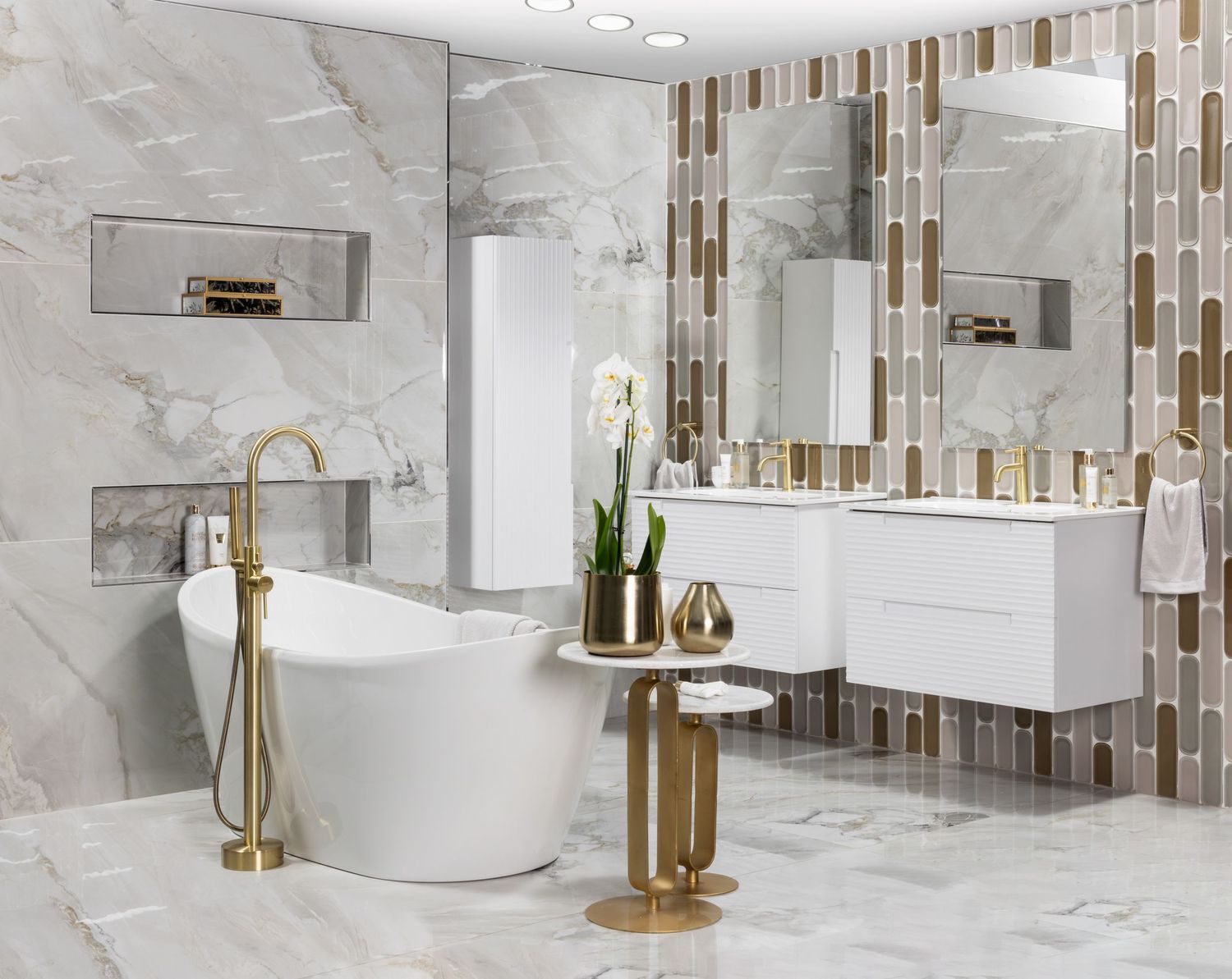 Upscale marble bathroom with gold fixtures, floating vanity, and linear wall accents.
