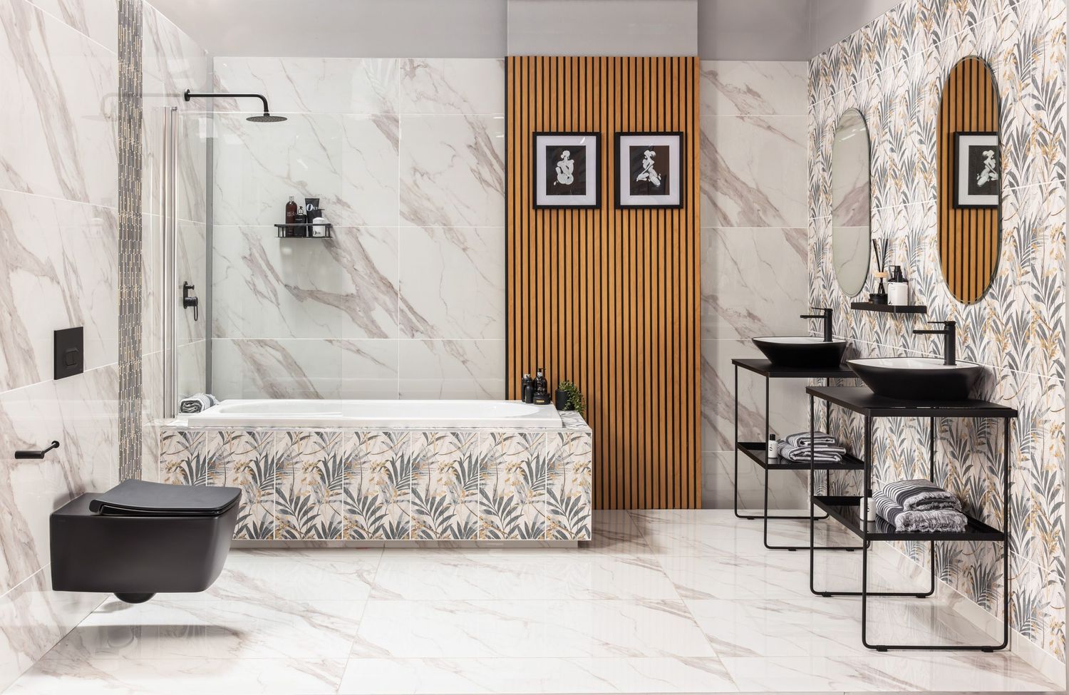 Spacious bathroom with marble walls, wood paneling, and modern black fixtures in a linear arrangement.