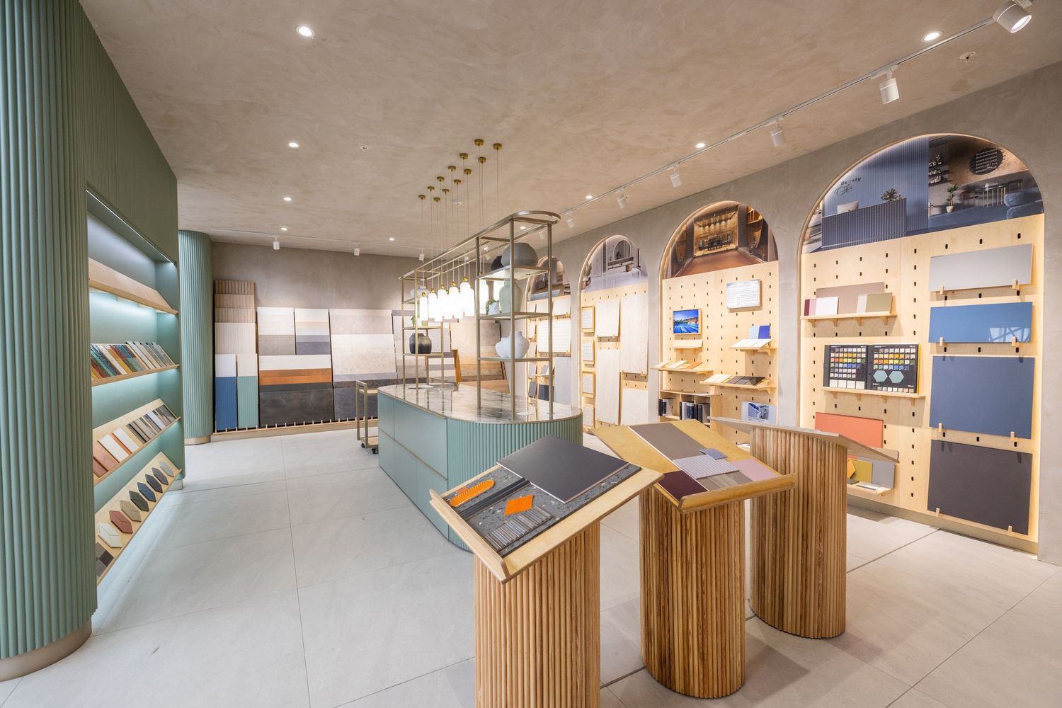 Modern commercial interior hallway with wood paneling, recessed lighting and minimalist design elements.
