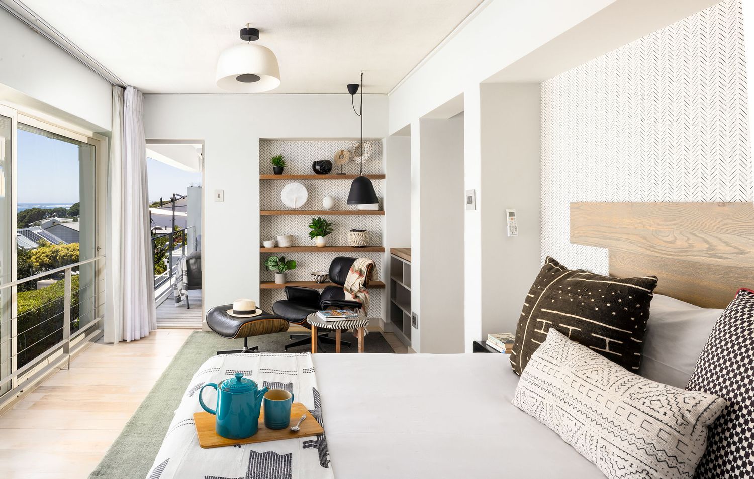 Modern apartment interior collage showing bright living spaces, kitchen, bedroom and outdoor views with minimalist decor.