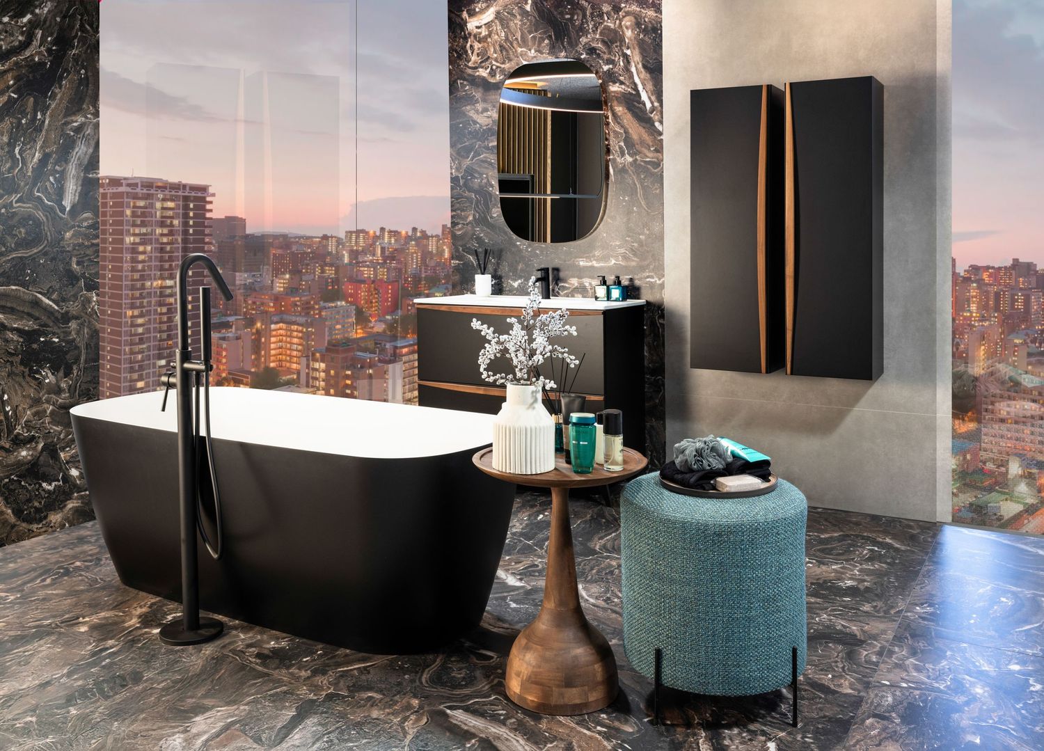 Contemporary bathroom design featuring a black freestanding tub with city skyline views through large windows.