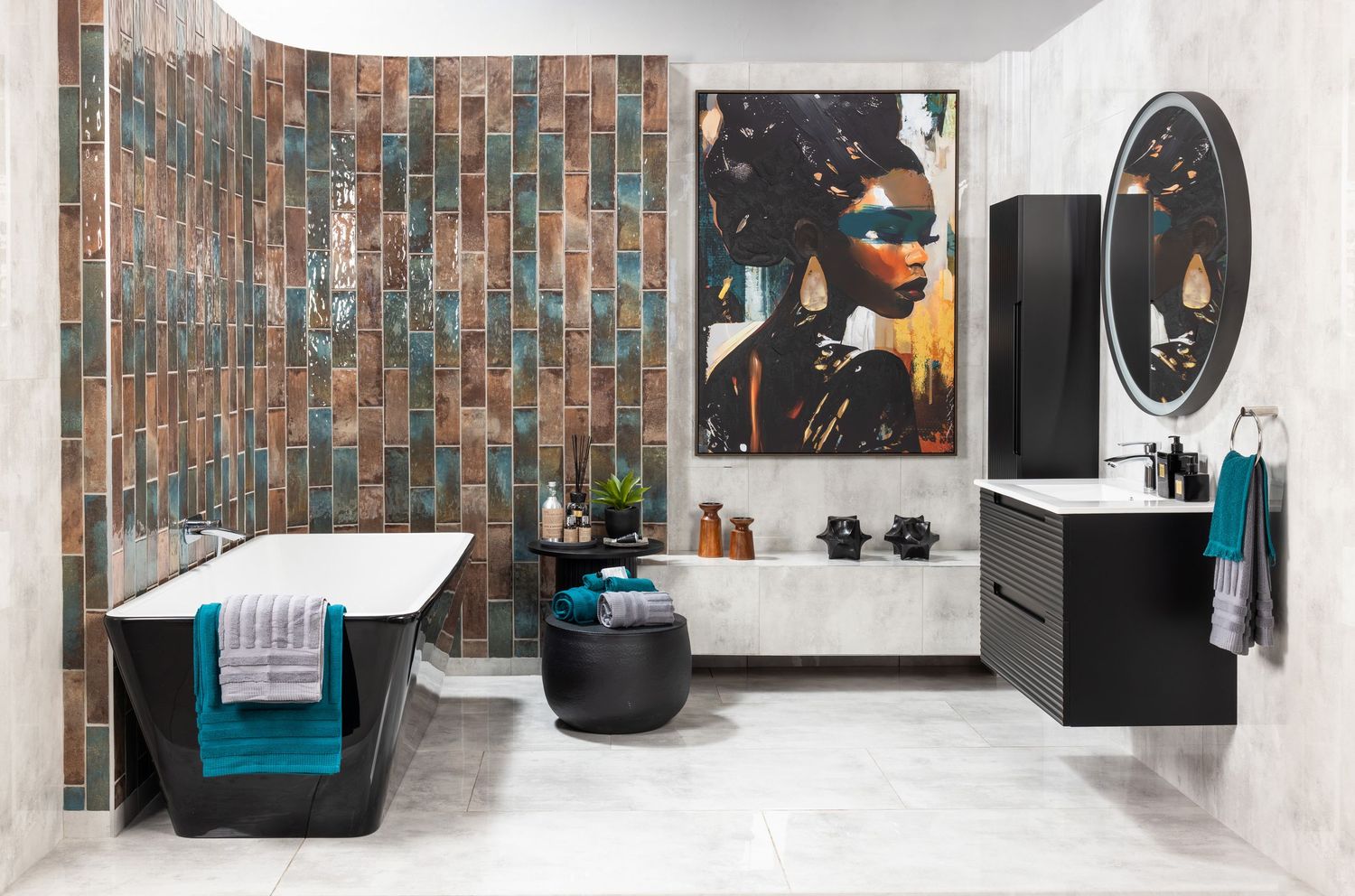 Contemporary bathroom featuring dark patterned wall tiles and sleek black fixtures.