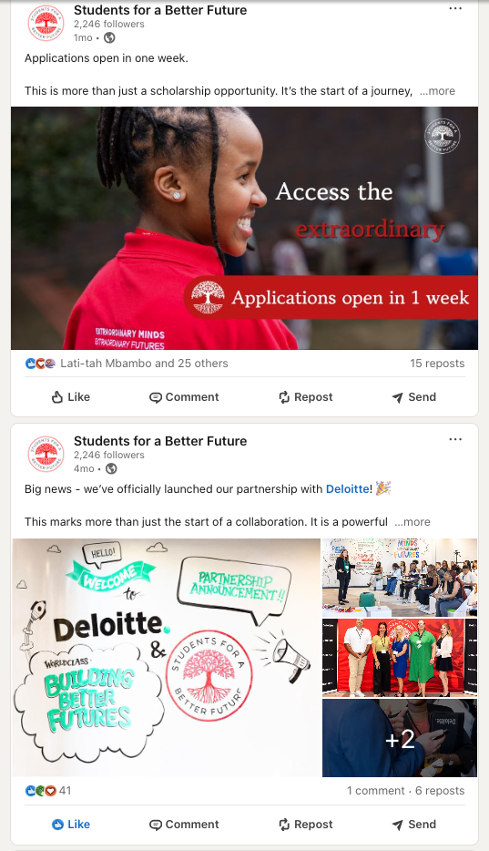 Social media post announcing partnership between Students for a Better Future and Deloitte.