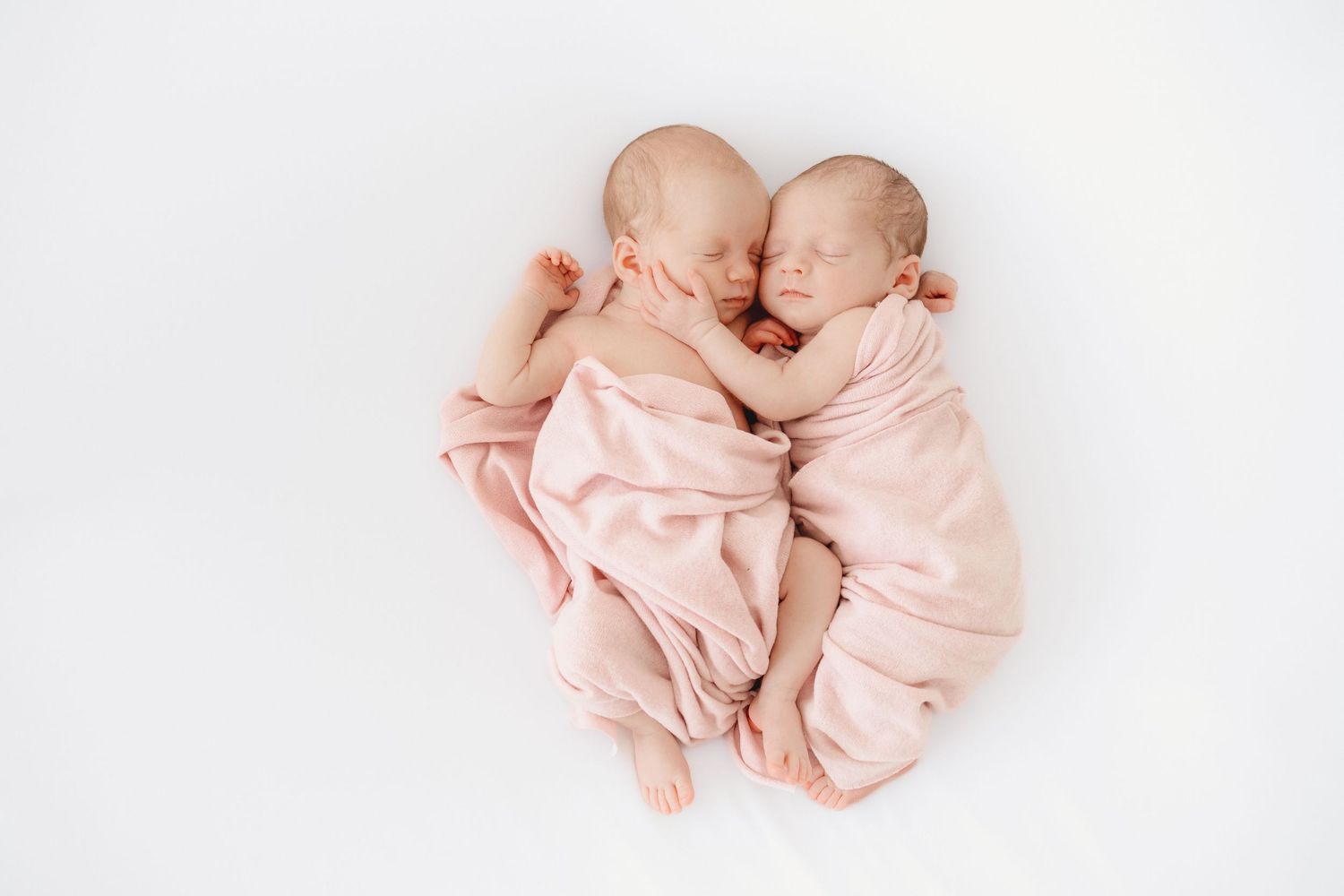 Two newborn twins swaddled in pink blankets sleeping peacefully together on a white background.