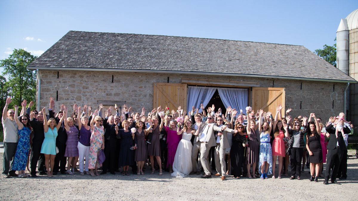 Large group of wedding guests pose together outdoors in a panoramic formation on a sunny day.