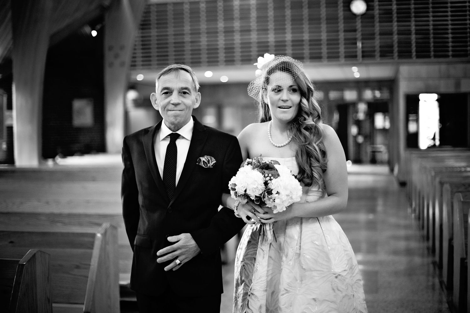 Black and white wedding photos showing couples in formal attire during ceremony and reception moments.