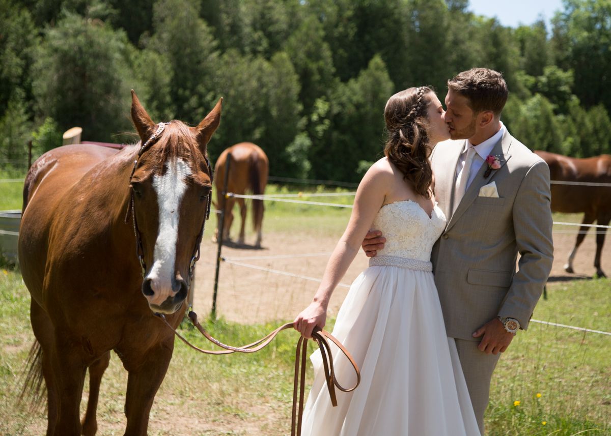Collage of outdoor wedding moments with horses and couples in a rustic countryside setting on a sunny summer day.