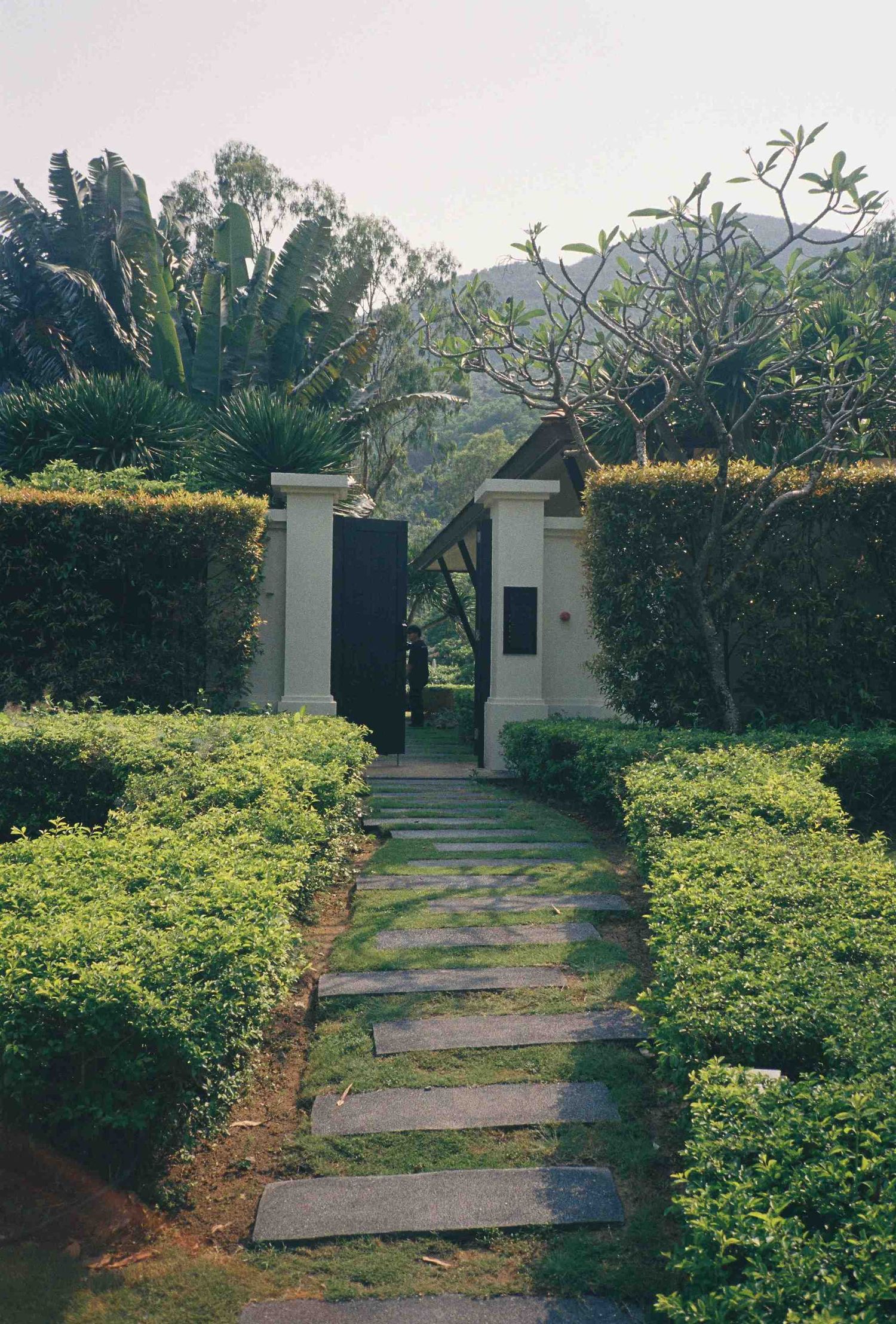 Lang Co wedding: stone pathway leads through manicured gardens to a modern building entrance, by AnhVuWedding.