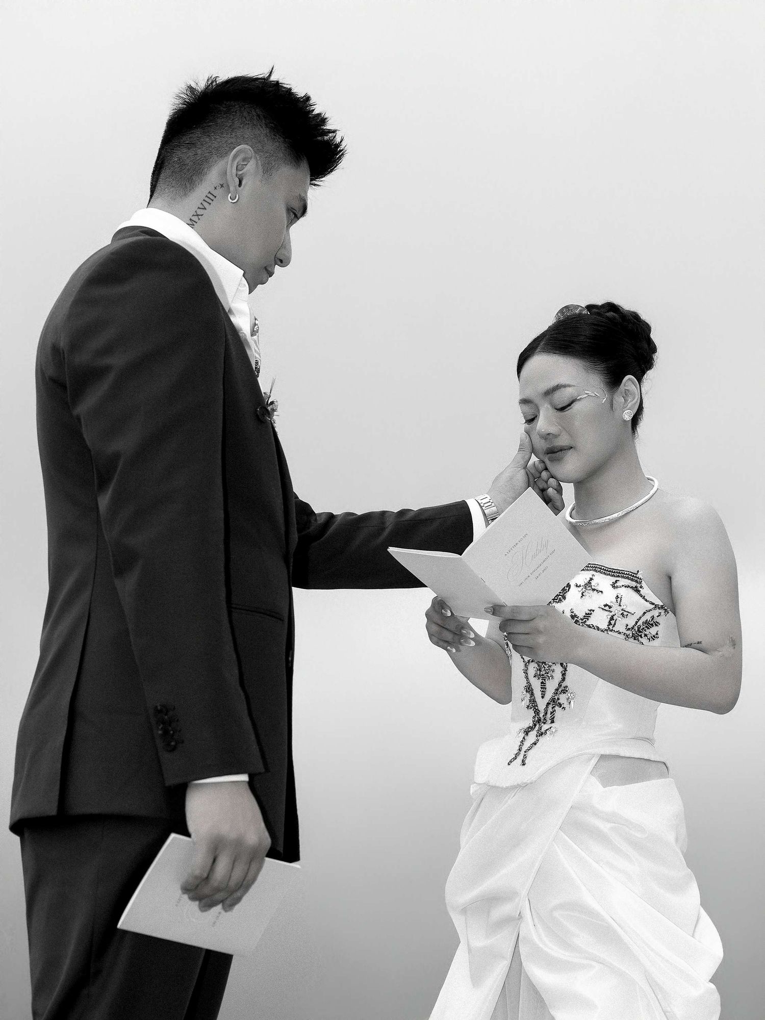 wedding: black and white sequence of playful wedding couple interactions, by AnhVuWedding.