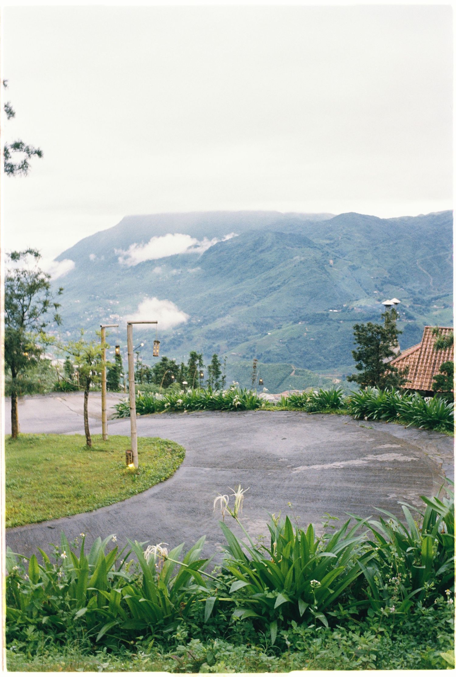 photo: mountain resort parking area surrounded by tropical plants with misty peaks in background, by AnhVuWedding.