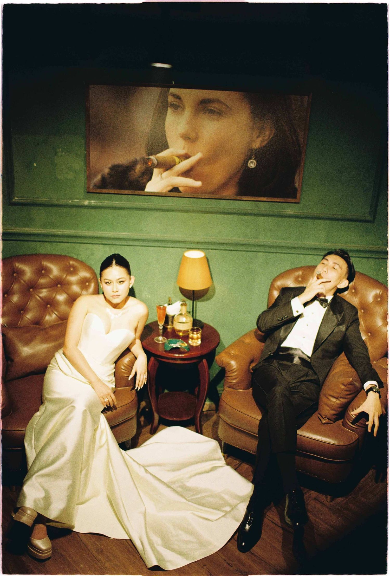 Vu & Ngoc intimate wedding at The Lounge, editorial romance aesthetic shot on 35mm film.