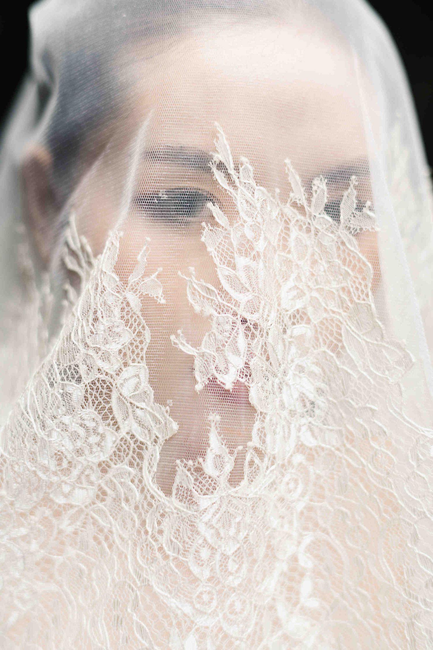 A bride wearing an intricate white lace veil draped over her face, revealing soft eyes and elegant makeup.