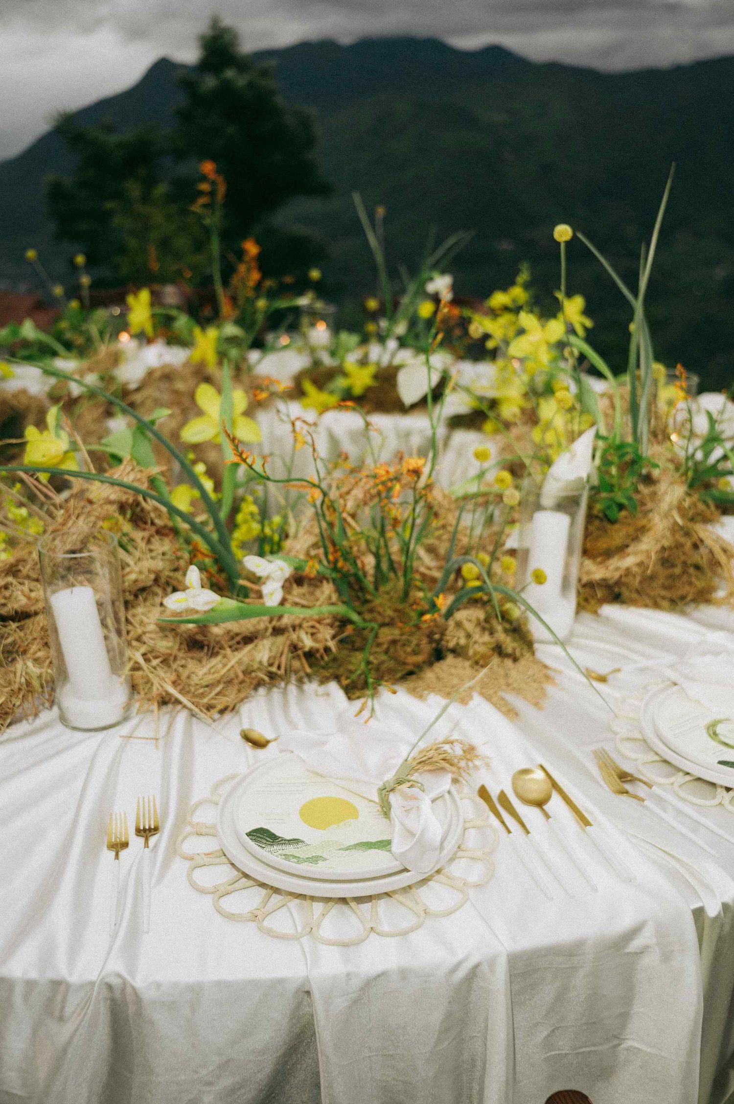 wedding: elegant outdoor wedding table setting with rustic hay decorations and yellow flowers, by AnhVuWedding.