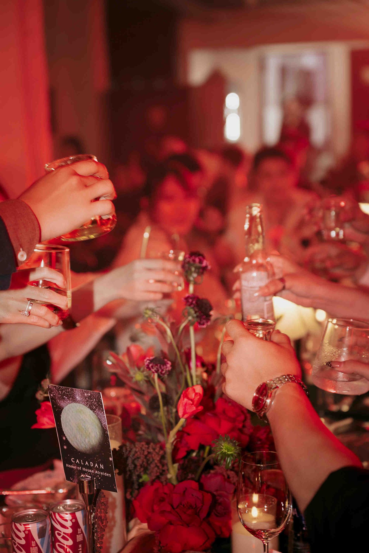 Guests raising glasses and beer bottles in a toast at a wedding reception with red floral centerpieces and warm lighting.