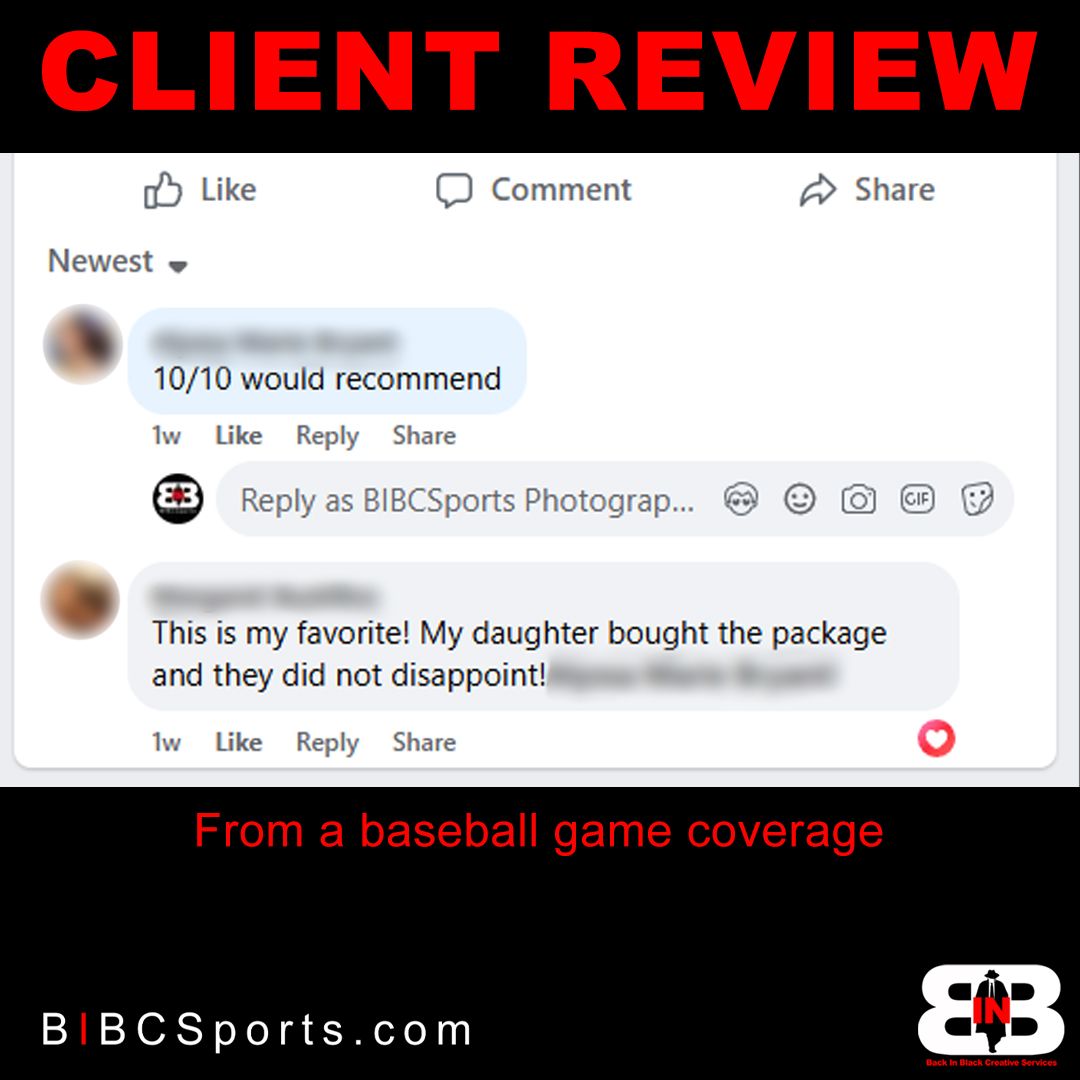 Client review screenshot showing a 10/10 recommendation for BIBCSports Photography baseball game coverage package.