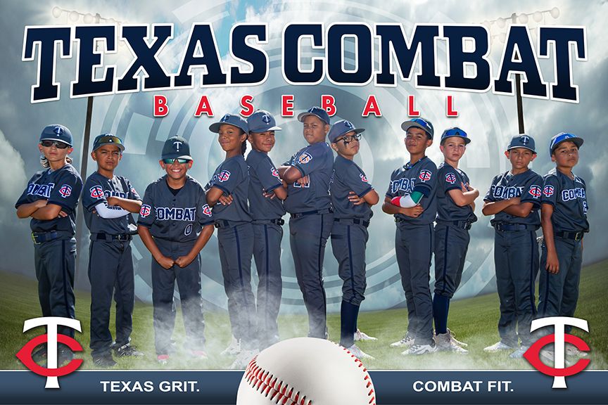 Texas Combat Baseball youth team photo featuring players in navy uniforms with the slogan Texas Grit Combat Fit.