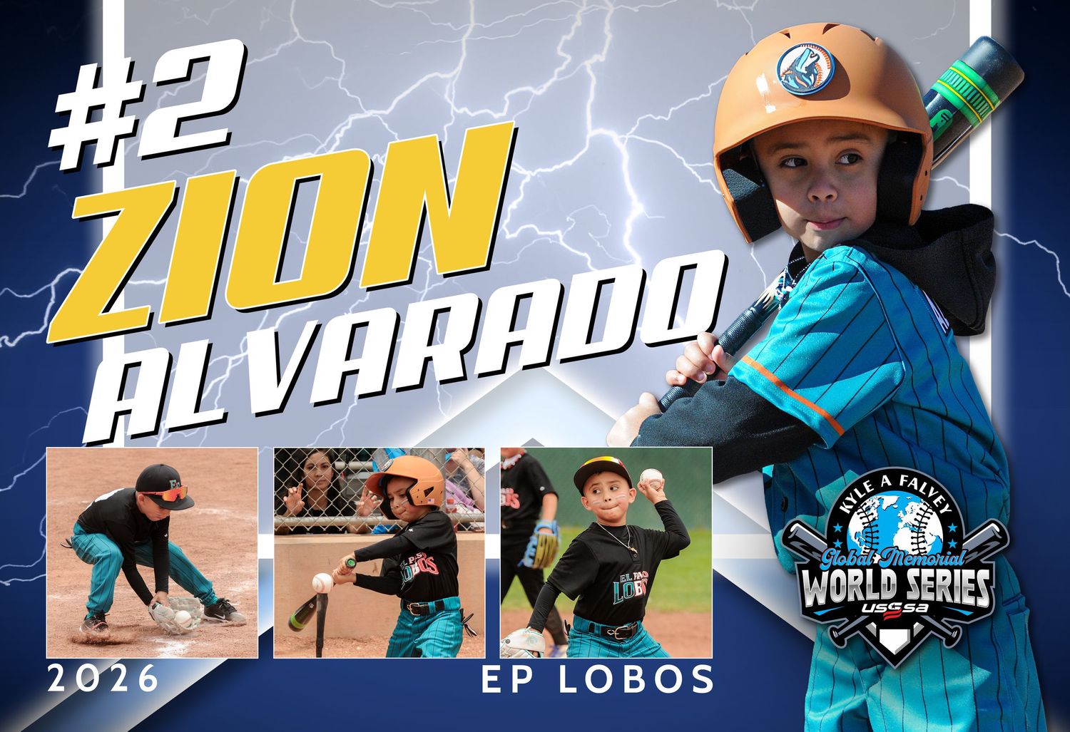 Youth baseball player Zion Alvarado, #2, EP Lobos team card featuring action shots from the 2026 Salt and Pepper World Series.