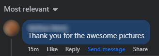 Facebook comment saying Thank you for the awesome pictures with like, reply, and send message options.