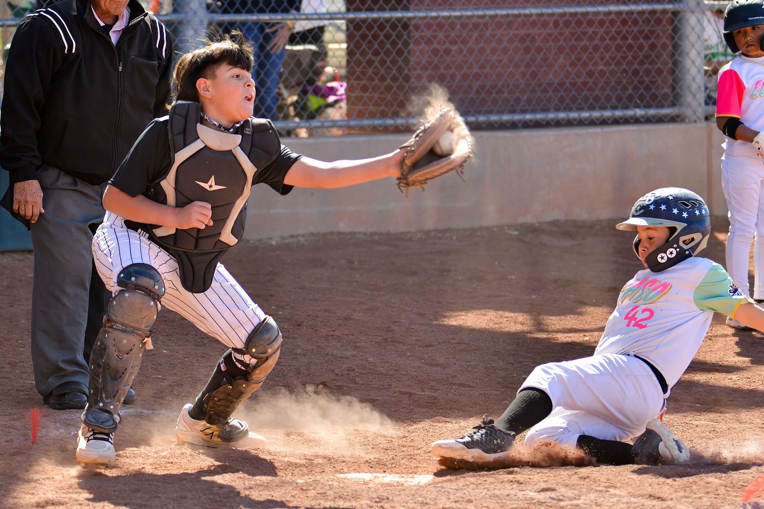 Youth baseball catcher tags out a sliding runner at home plate during an exciting youth league game.