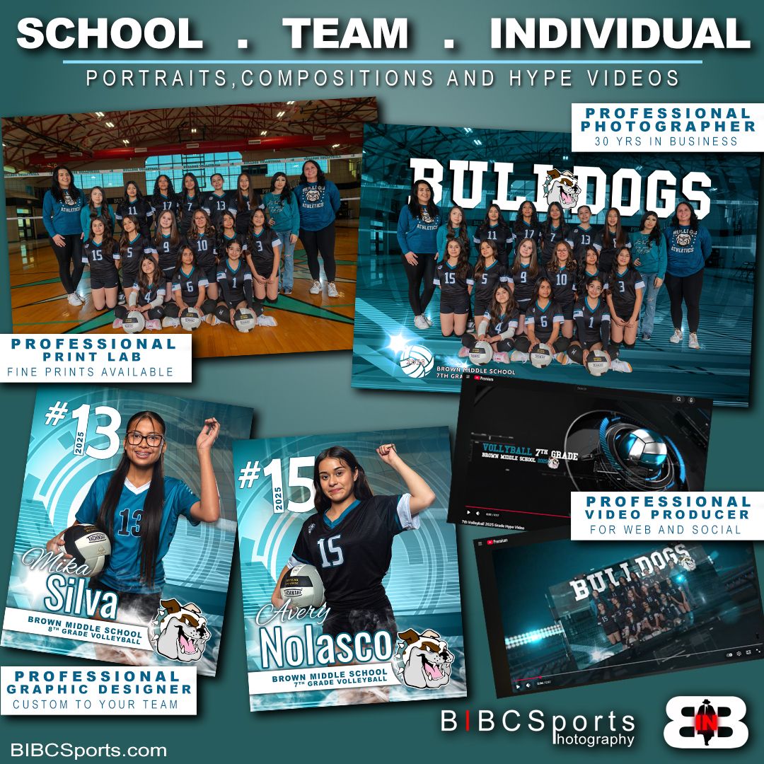 BIBCSports professional school team and individual volleyball portraits compositions and hype videos featuring Bulldogs players.