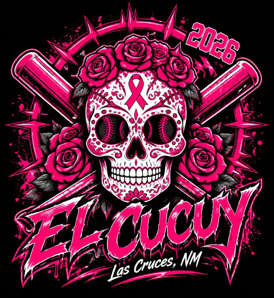 Pink sugar skull with roses and baseball bats, El Cucuy Las Cruces NM 2026 breast cancer awareness design.