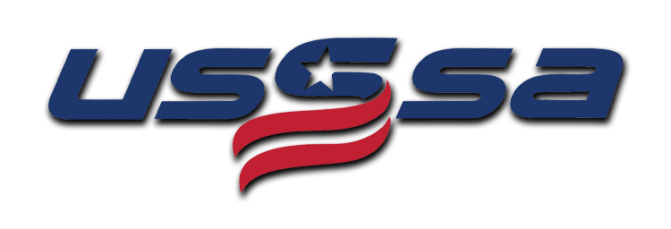 USSSA official logo featuring bold navy blue text with a star and red patriotic swoosh design.