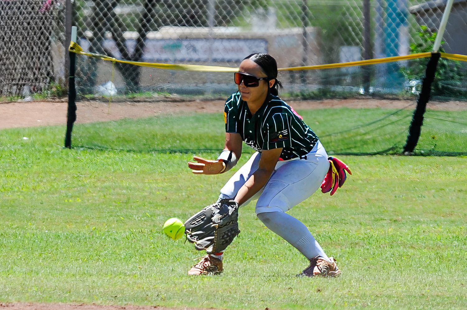 Female softball player in green pinstripe uniform fields a ground ball during an outdoor game.