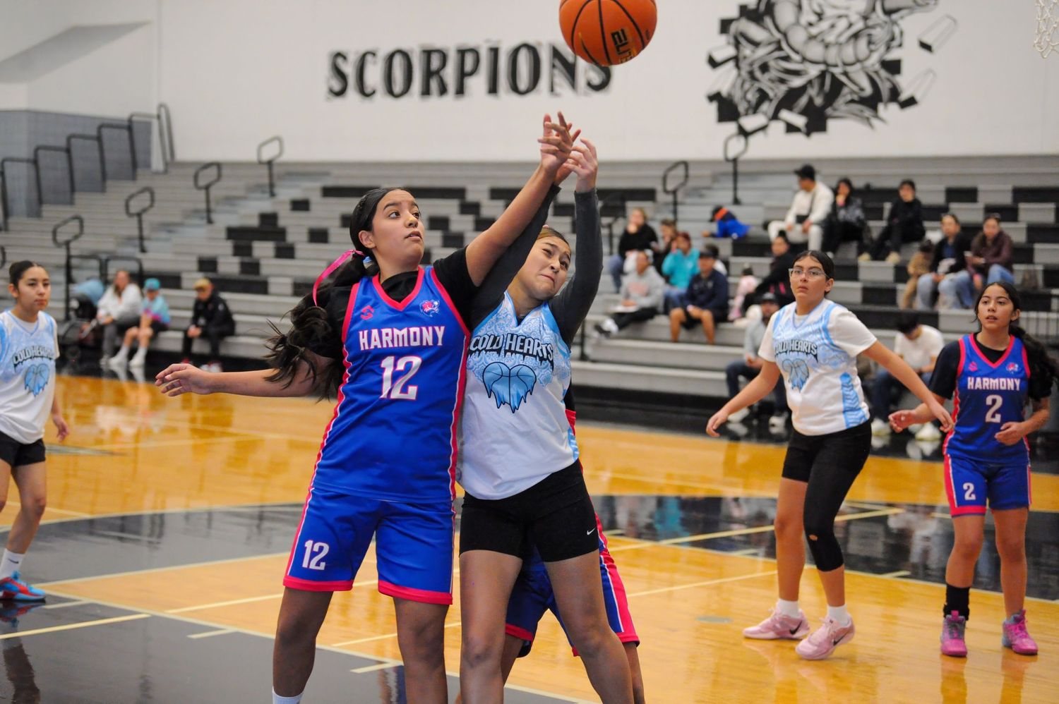 Girls basketball players compete for a rebound during a Scorpions home game, with player #12 in Harmony jersey reaching up.