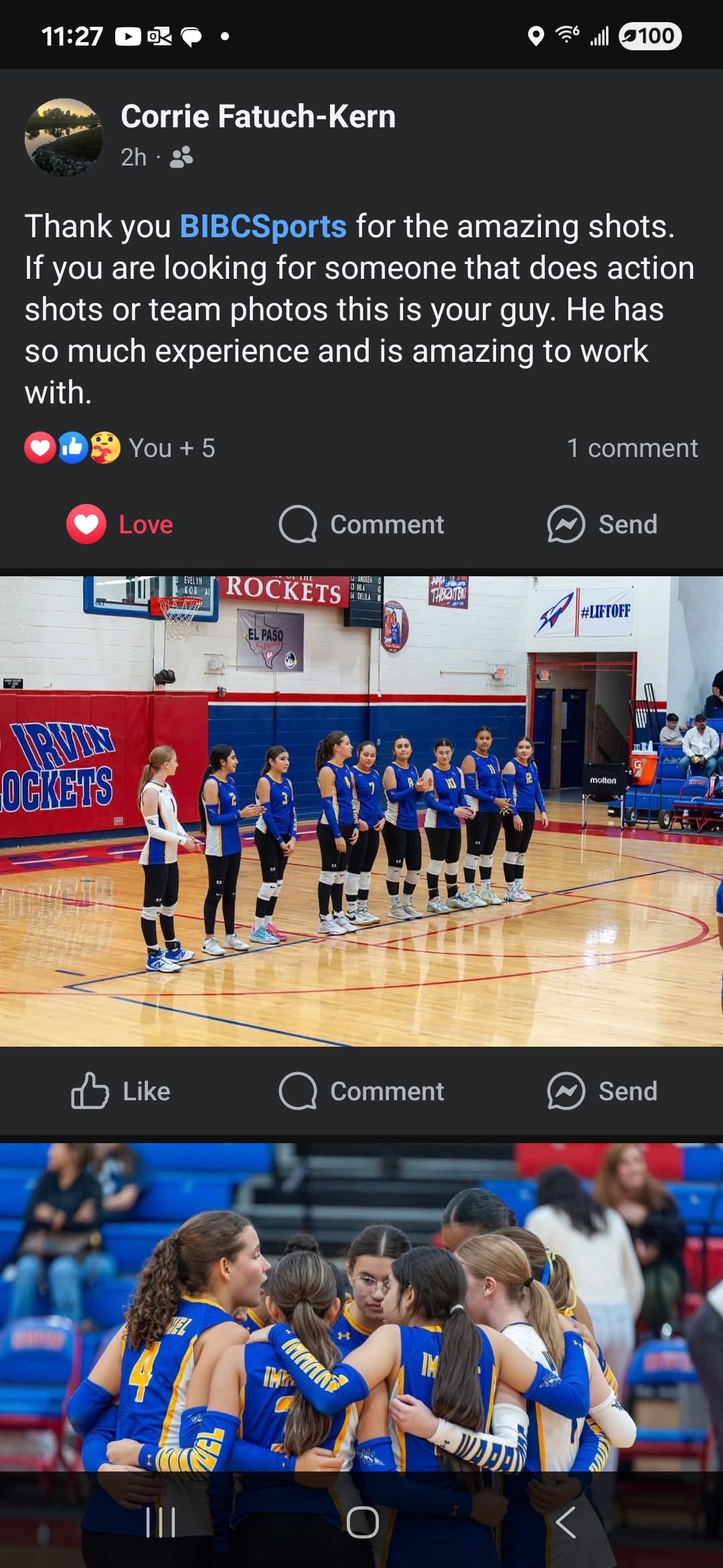 Volleyball team lineup on court in blue uniforms at Rockets gym, with action sports photography by BIBCSports.