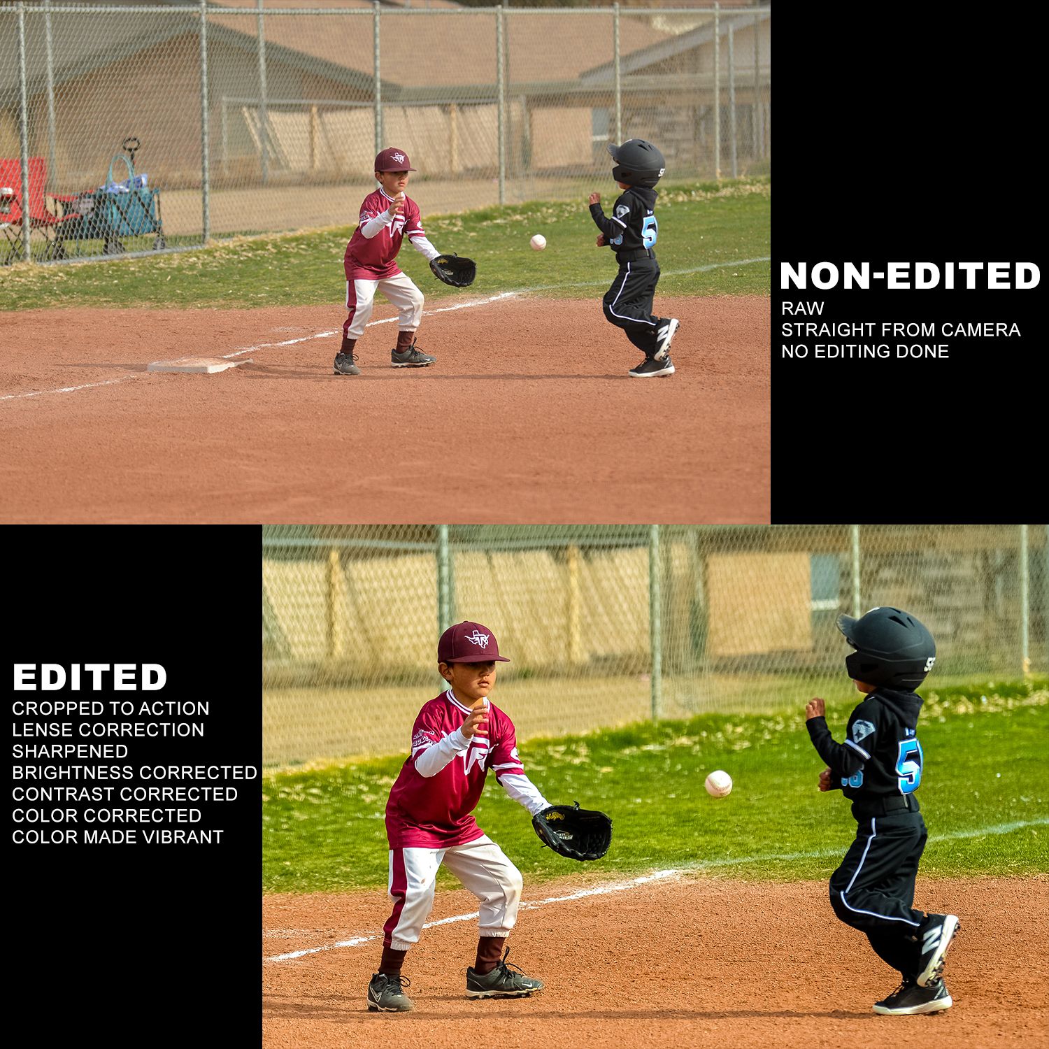 Side-by-side comparison of non-edited and edited youth baseball photos showing color and crop.