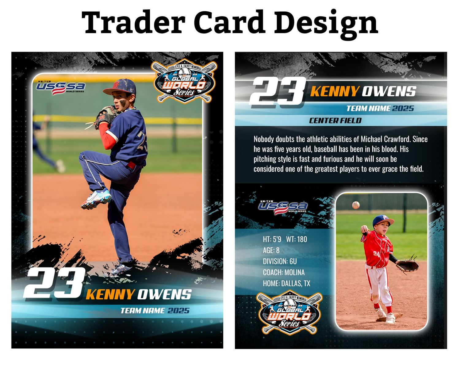 Custom baseball trader card design featuring player Kenny Owens, number 23, in a dynamic pitching pose with stats and bio.